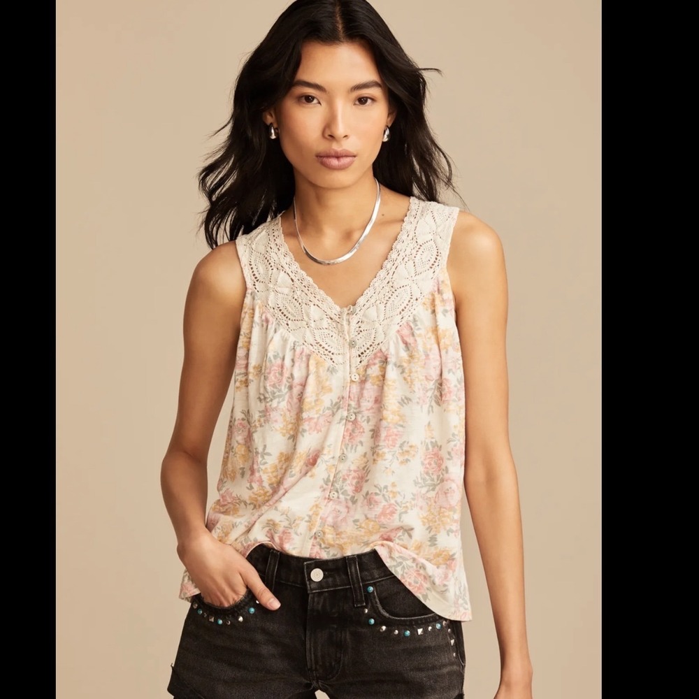 Lucky Brand Printed Lace Trimmed Tank Top Yellow Floral‎ Size 2X New With Tags